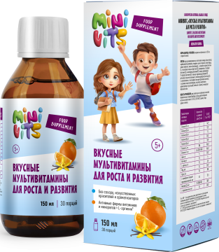 Minivits, Вкусные мультивитамины для роста и развития, со вкусом апельсин-ваниль, жидкость, 150 мл