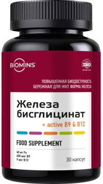 Biomins, Железа бисглицинат хелат c B9 и B12, капсулы, 30 шт.